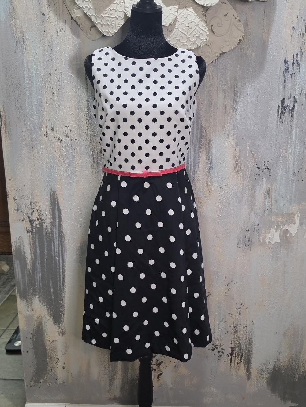 Ronni Nicole Black and White Polka Dot Midi Dress with Pink Belt Size 4